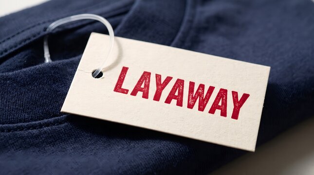 Close up view of a cardboard clothing price tag with the word layaway printed in bold red lettering resting on a folded dark blue cotton garment