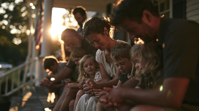 Multigenerational Family Praying Together on Porch at Sunset