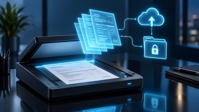 Modern scanner on a desk digitizing an invoice document to a secure cloud storage folder, glowing blue hologram concept