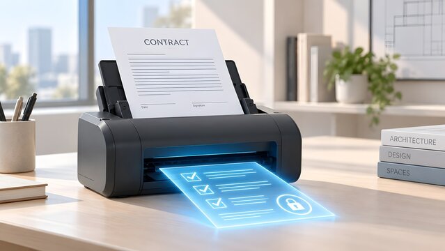 Modern office printer scanning a paper contract and generating a secure glowing digital document with a lock icon, data digitization