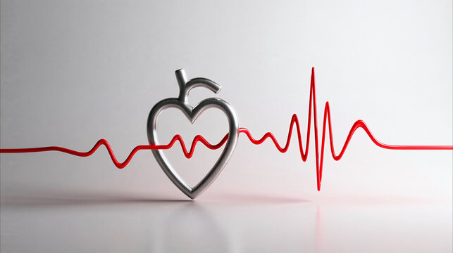 Heart Shaped Apple with Red Heartbeat Pulse Line