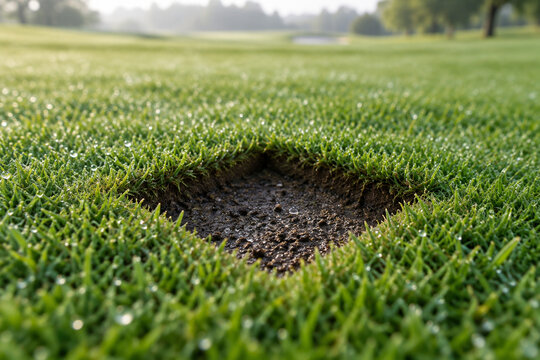 Fresh square depression in lush green grass on a golf course.