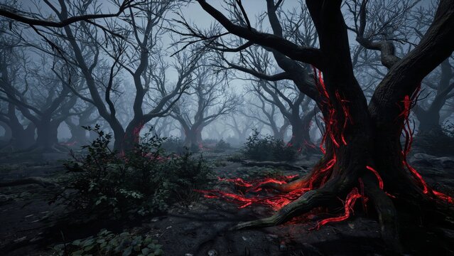 Spooky dark forest with twisted bare trees and glowing red veins on bark.