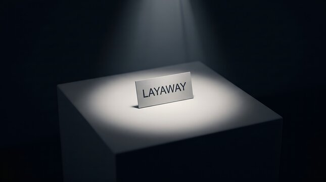 A spotlight illuminates a sign marked with the word layaway displayed on a pedestal in a dark room representing retail shopping payment plans