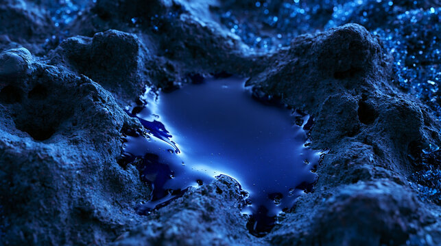 Dark Liquid Puddle in Rough Rocky Planetary Terrain