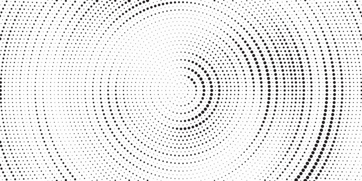 Radial halftone gradient background. Dotted concentric texture with fading effect. Black and white circle shade wallpaper. Grunge rough vector. Monochrome backdrop
