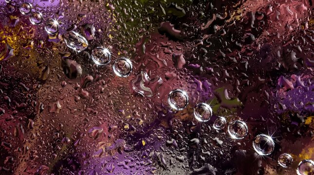 Sparkling Water Drops in Row on Wet Colorful Glass