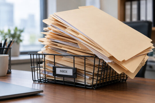 Overflowing wire inbox with unopened manila folders on a wooden desk.