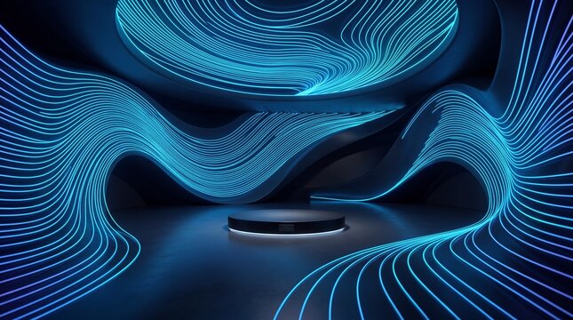 Futuristic Podium with Glowing Blue Neon Light Lines