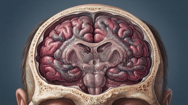Cross section of human head showing brain and skull anatomy