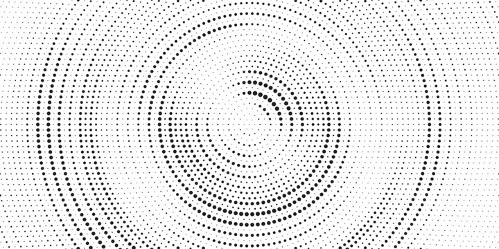Radial halftone gradient background. Dotted concentric texture with fading effect. Black and white circle shade wallpaper. Grunge rough vector. Monochrome backdrop