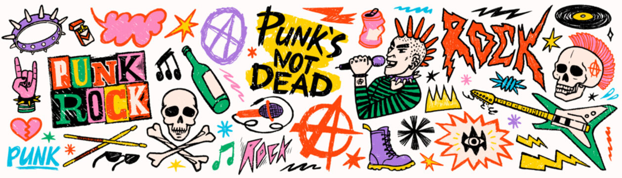 Punk rock music sticker set with guitar, skull, microphone and graffiti doodle symbols in colorful funky scribble style. Punk rock graphics for posters, merch and album prints