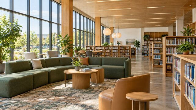 Community library interior with shelves and study tables