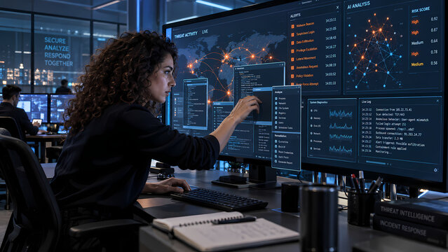 Cybersecurity analyst reviews real-time threat alerts and network activity on multiple monitors, pointing at security dashboards with charts, code and system metrics in a modern operations center