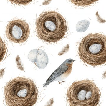 Watercolor seamless pattern of bird nests with eggs and small scattered feathers on a clean white background, soft illustrative style