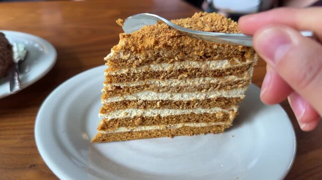 Traditional Medovik honey cake with multiple thin layers and creamy filling, topped with golden cake crumbs. A spoon cuts into a slice of this classic Eastern European dessert.