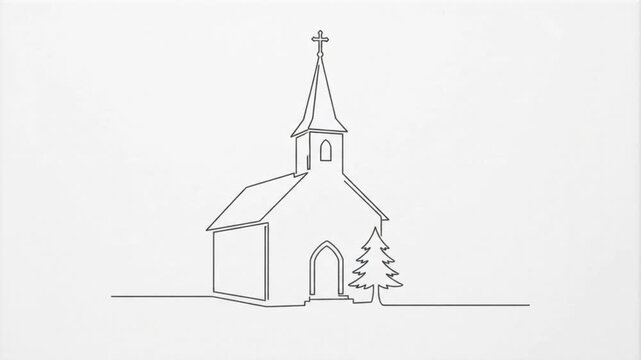 Minimalist one line of a church with pine tree animation on white background, chapel line continuous line