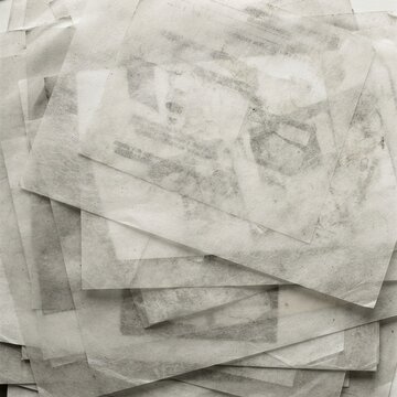 Stack of translucent textured paper sheets with faint abstract charcoal marks layered on top of each other