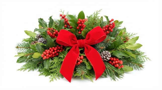 Christmas table centerpiece with red bow and berries
