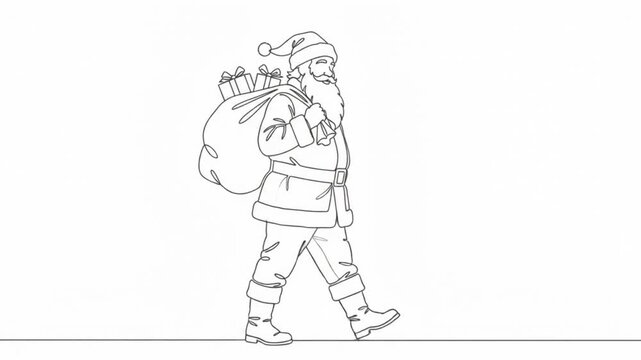 Santa claus walking with gift sack line animation for christmas holiday projects line gifts