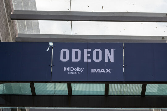 Odeon Cinema Sign with Dolby and IMAX Logos in Liverpool, UK.