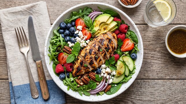 Healthy Grilled Chicken Salad with Berries Avocado and Nuts on Wooden Table