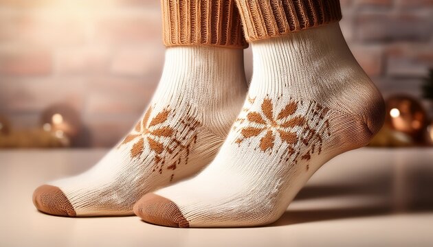 cream knitted socks with tan design