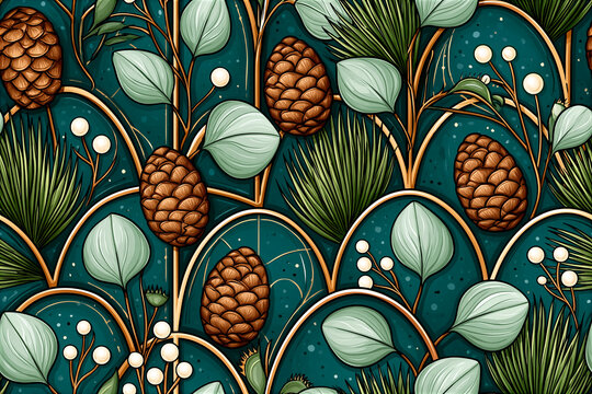  Seamless pattern with stylish eucalyptus cones and leaves.
