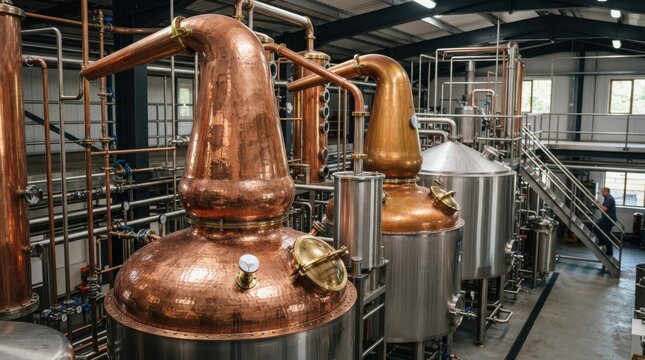 Copper stills and stainless steel vats in a modern distillery interior