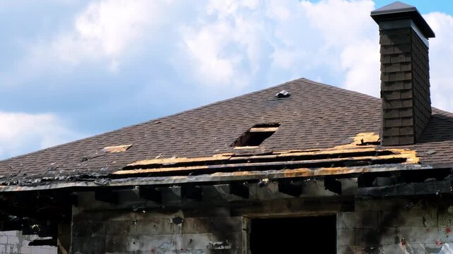 Damaged brick chimney stands on the roof of burned house. Concept of fire insurance. Arson case. Consequences of a gas or battery explosion. Home maintenance, structural repair, building inspection.