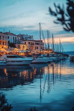 Scenic coastal town marina at twilight with yachts and glowing restaurant lights. Ideal for premium Mediterranean cruise trip flyers, luxury real estate catalogs, or romantic travel vlog thumbnails