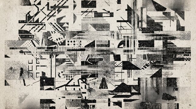 Abstract geometric composition with grunge texture and halftone patterns in black and white