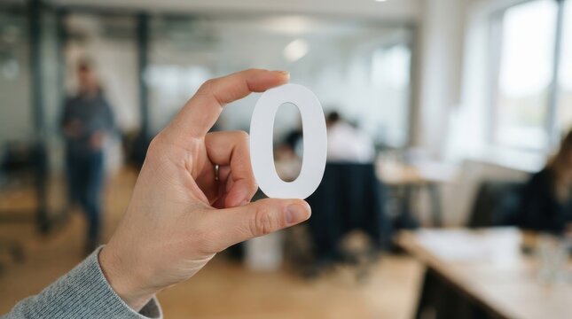 Person holding number zero symbol in office environment