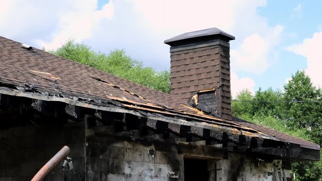 Damaged brick chimney stands on the roof of burned house. Concept of fire insurance. Arson case. Consequences of a gas or battery explosion. Home maintenance, structural repair, building inspection.
