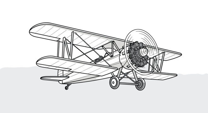 Detailed line drawing of a vintage biplane airplane flying in the sky, retro aviation and classic flight concept.