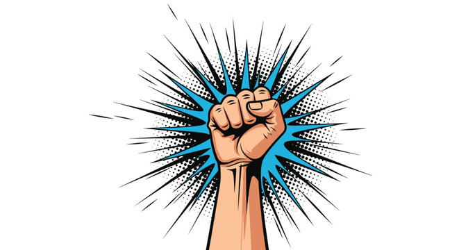 Power fist punch rising straight up with a blue starburst explosion background, retro comic pop art style vector.