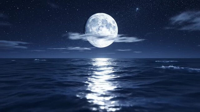 Full moon descends behind clouds and reflects on a dark ocean surface moonlight nightscape celestial lunar oceanic water