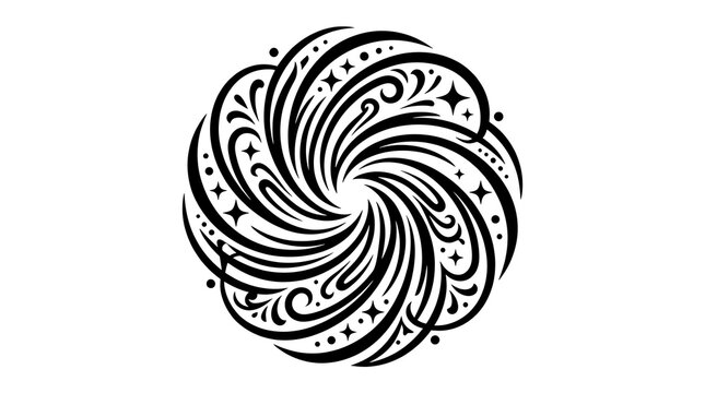 Black swirl design on white background tribal pattern with decorative festive elements