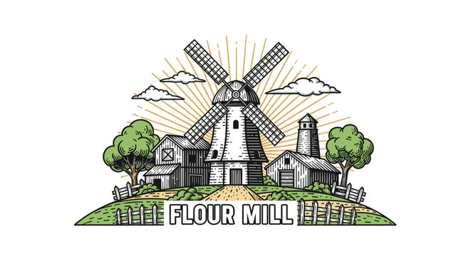 Flour mill illustration featuring a traditional windmill and farmhouses on a grassy hill in retro engraved style.