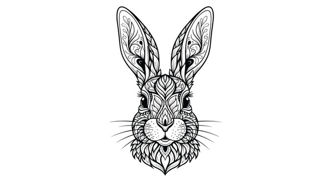 Intricate zentangle rabbit head design with beautiful doodle patterns for adult coloring book on white background.