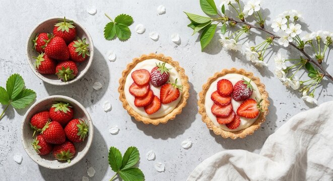 Gourmet strawberry tarts and fresh berries on stone background with spring flowers and bright natural light.