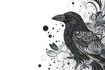 Obraz premium Ornate black crow illustration with abstract dots and lace textures. Perfect for contemporary fashion textile prints, handmade soap wrapping paper, or artisanal craft brewery bottle labels