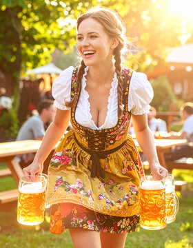 Young woman in a colorful Dirndl laughs while carrying several heavy glass beer steins across a crowded, sunlit beer garden.
