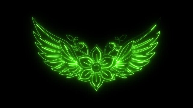 Green Neon Winged Flower Emblem Glowing On Black Background wings