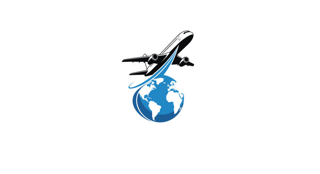 Passenger airplane flying around blue earth globe, travel and global aviation concept, cartoon vector illustration on white.