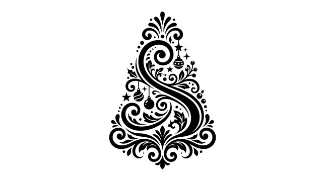 Festive swirl ornament in black silhouette with christmas decorations on a white background
