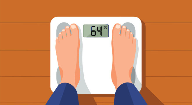 Top view of a person standing on white digital bathroom scales showing weight on a wooden floor background.