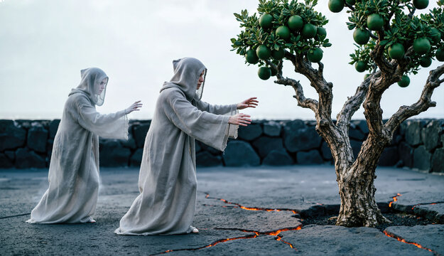 Hooded figures in grey robes reaching for a green fruit tree. Cracked ground with glowing lava fissures. Concept of gluttony and temptation