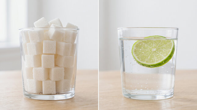 Comparison of glass full of sugar cubes next to glass of sparkling water with lime slice.