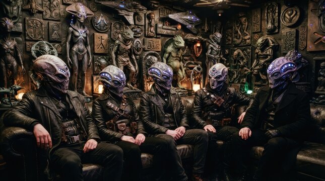 Group of people wearing alien masks and costumes sitting on a couch